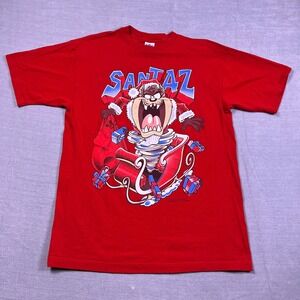 Vintage Looney Tunes Taz Santaz Christmas Graphic T Shirt Mens L Red Cotton